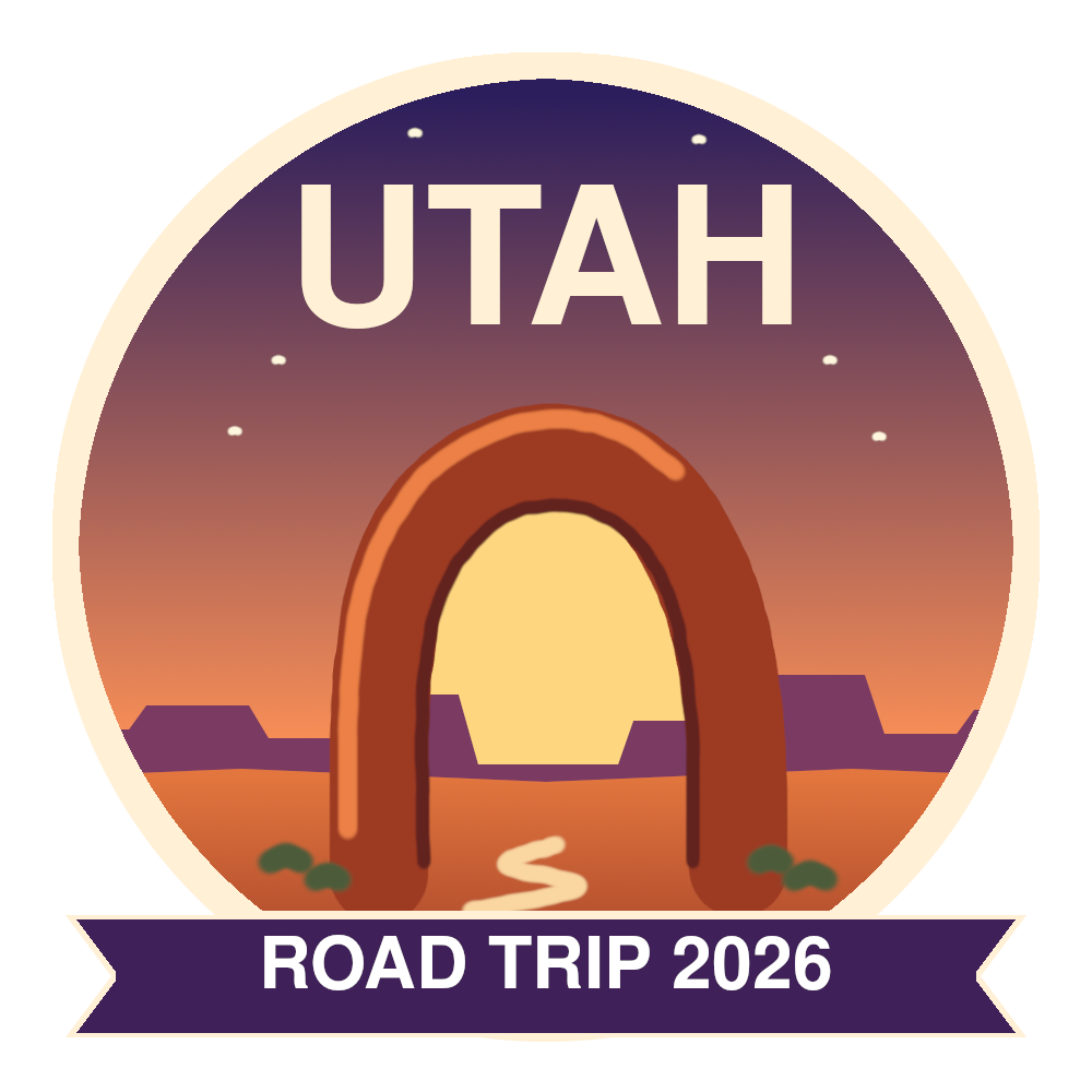The finished sticker: a red-rock arch at sunset with UTAH and ROAD TRIP 2026.