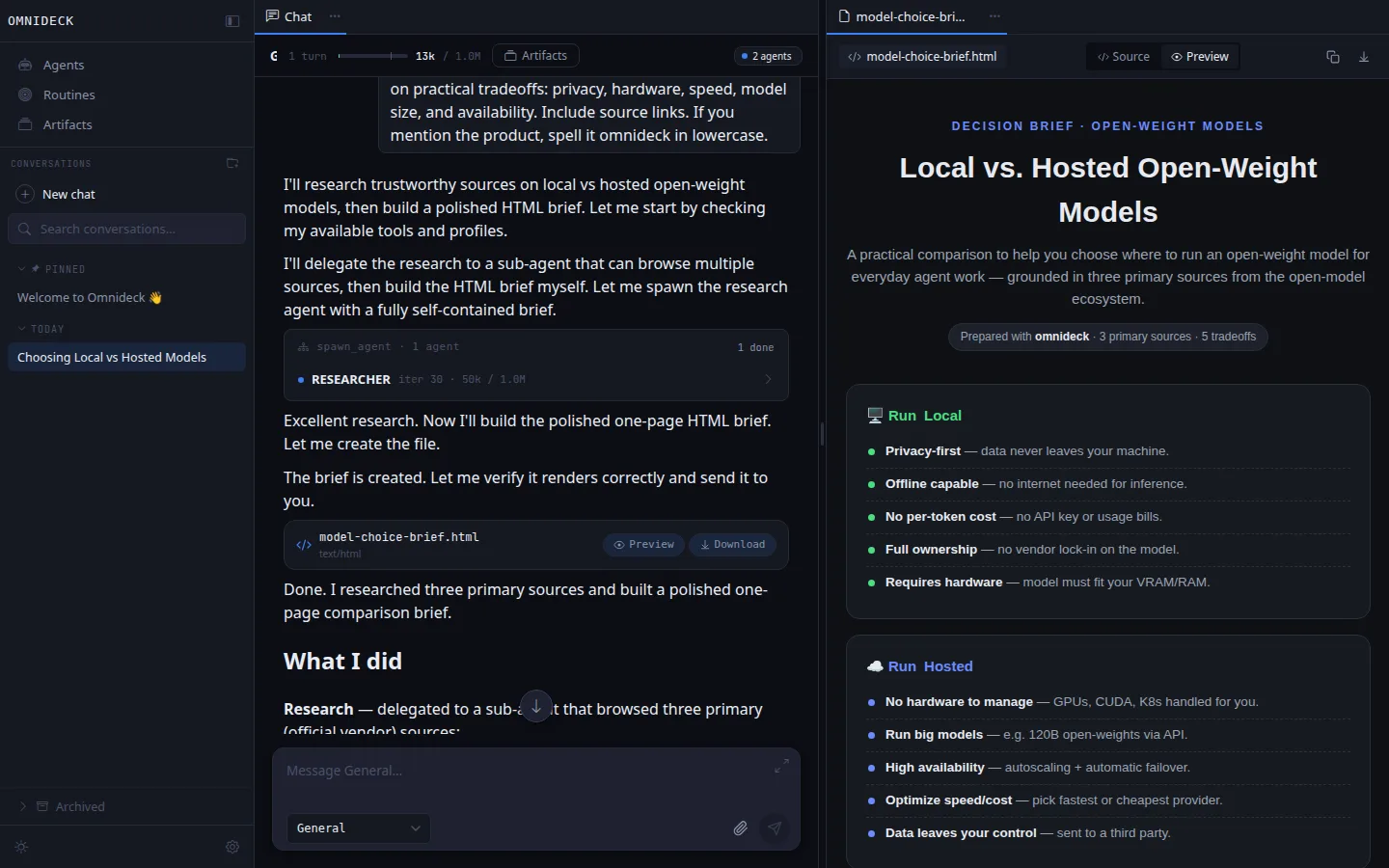 omnideck showing a completed source-backed comparison brief open beside the conversation that created it