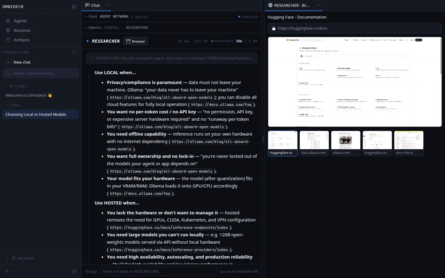 omnideck showing source findings beside a live browser with Hugging Face, Ollama, and vLLM documentation open
