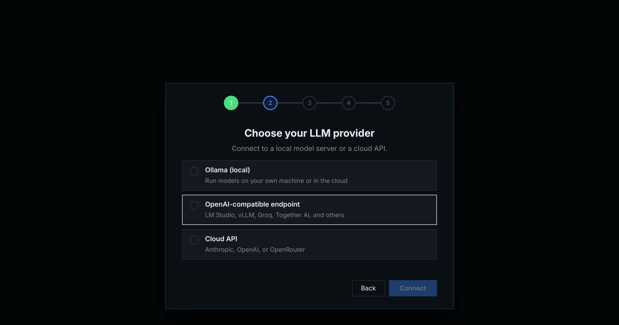 omnideck setup asking you to choose Ollama, an OpenAI-compatible endpoint, or a Cloud API