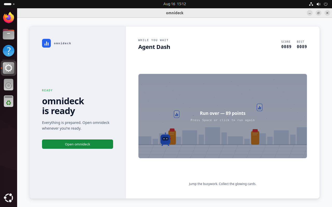 omnideck setup complete screen on Ubuntu