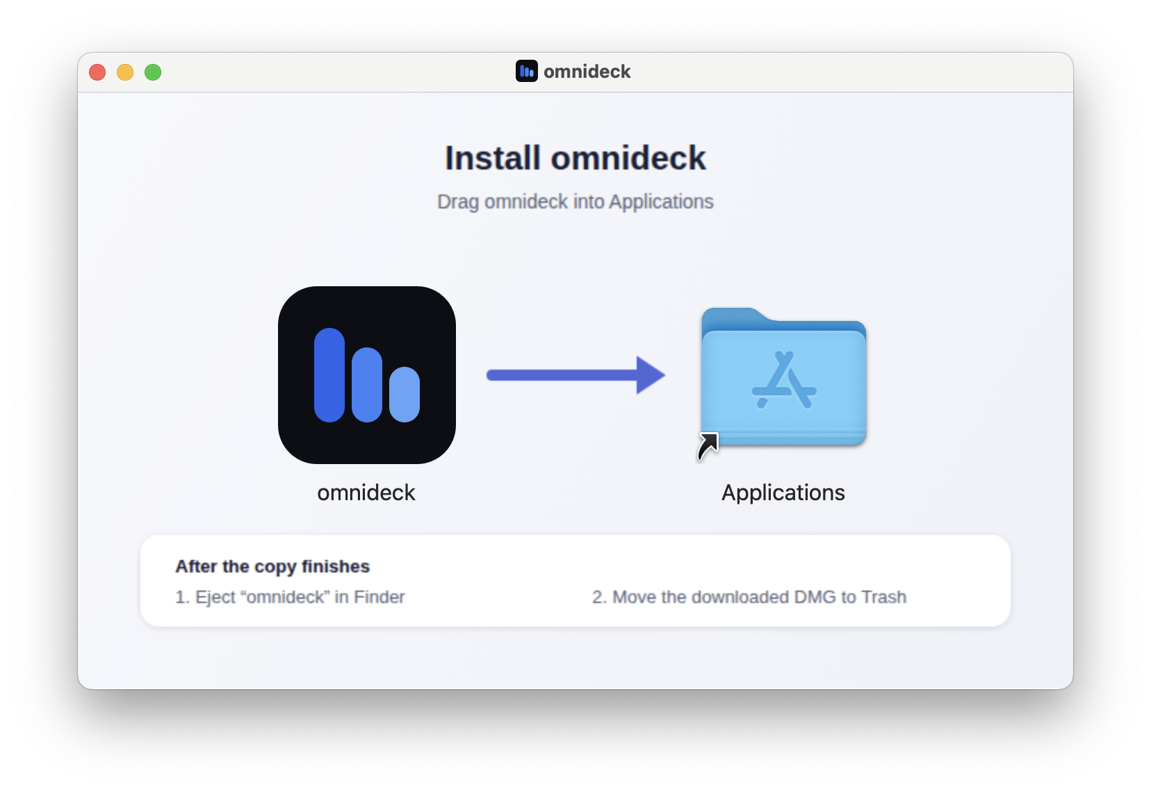 omnideck disk image with an arrow from the app to the Applications folder