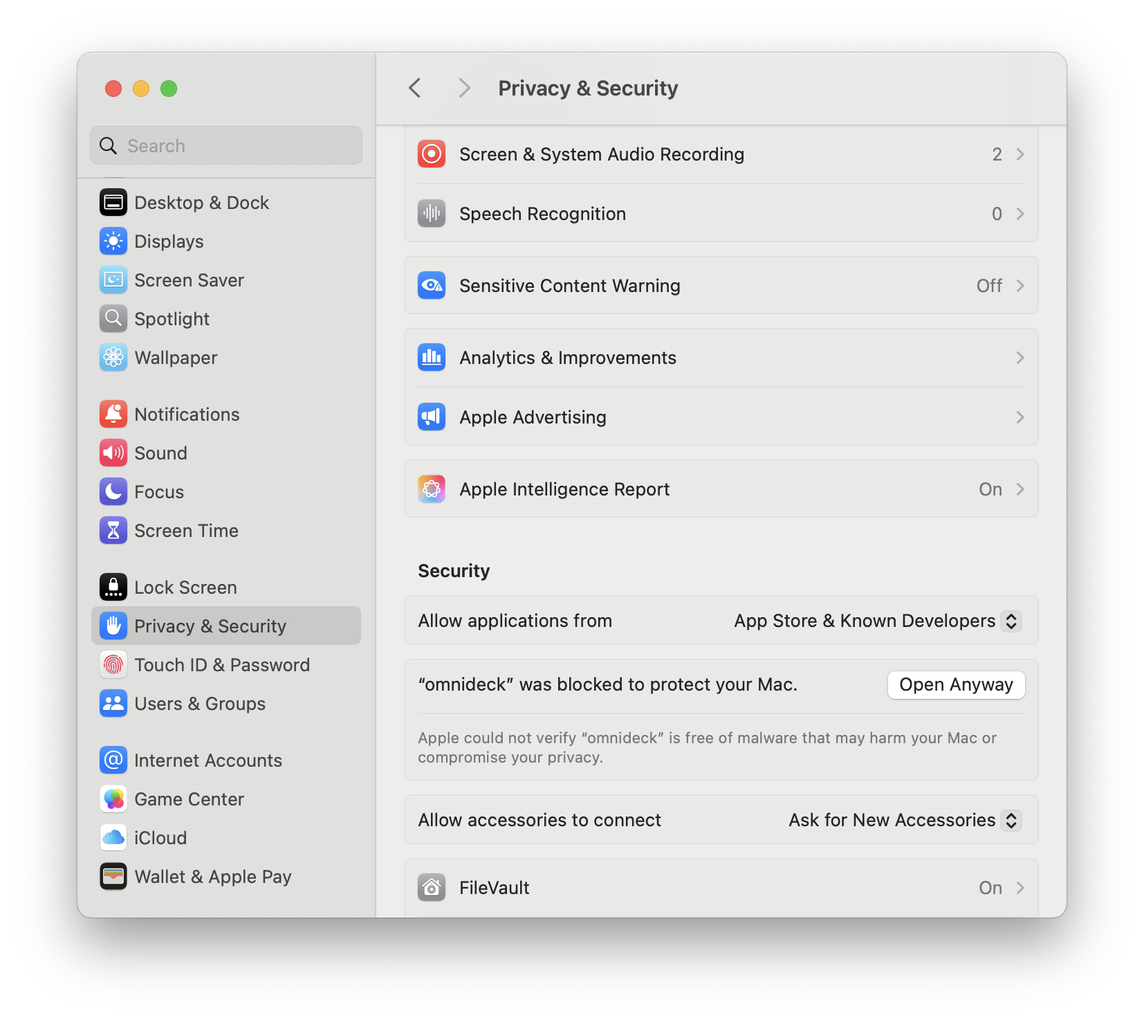macOS Privacy and Security settings with the Open Anyway button for omnideck