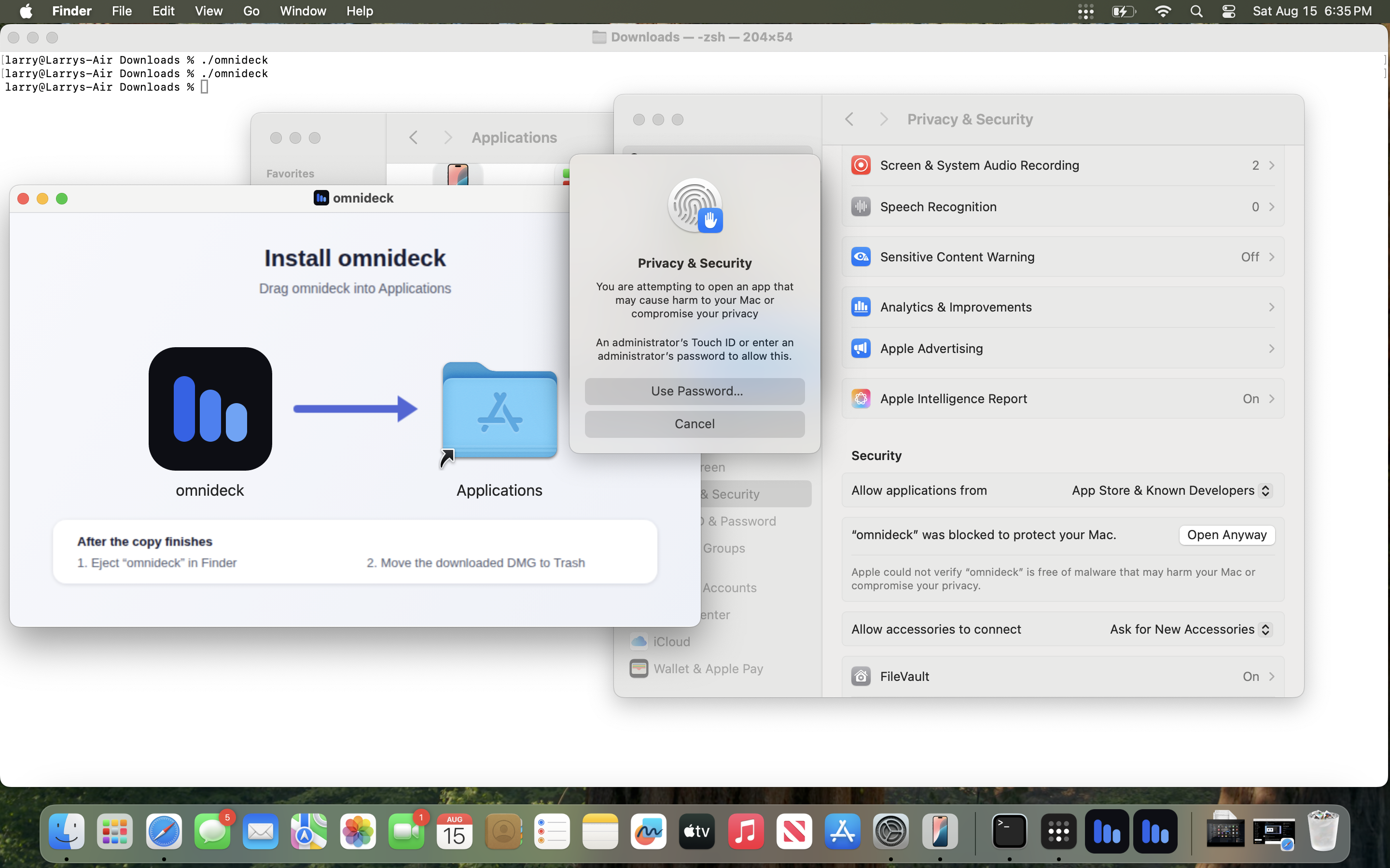 macOS administrator approval prompt for opening omnideck