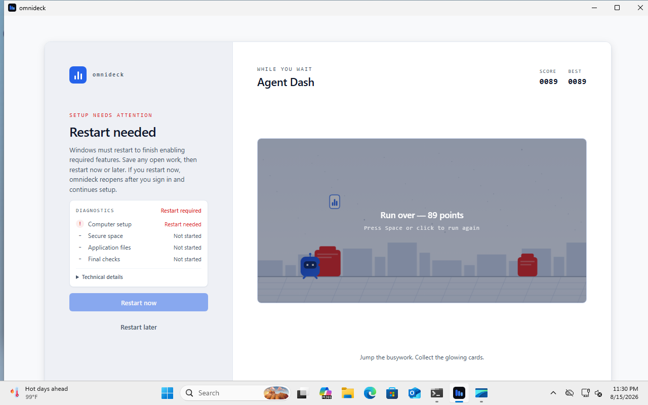omnideck showing Restart needed with a Restart now button