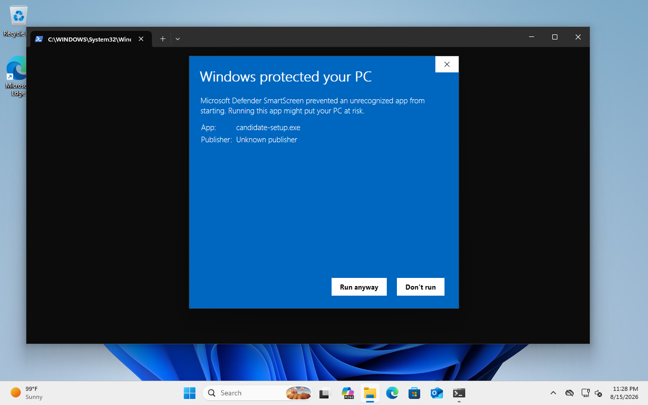 Windows SmartScreen with the Run anyway button visible