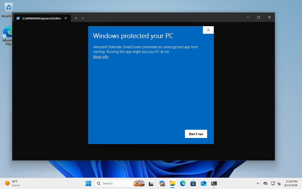 Windows SmartScreen warning with the More info link
