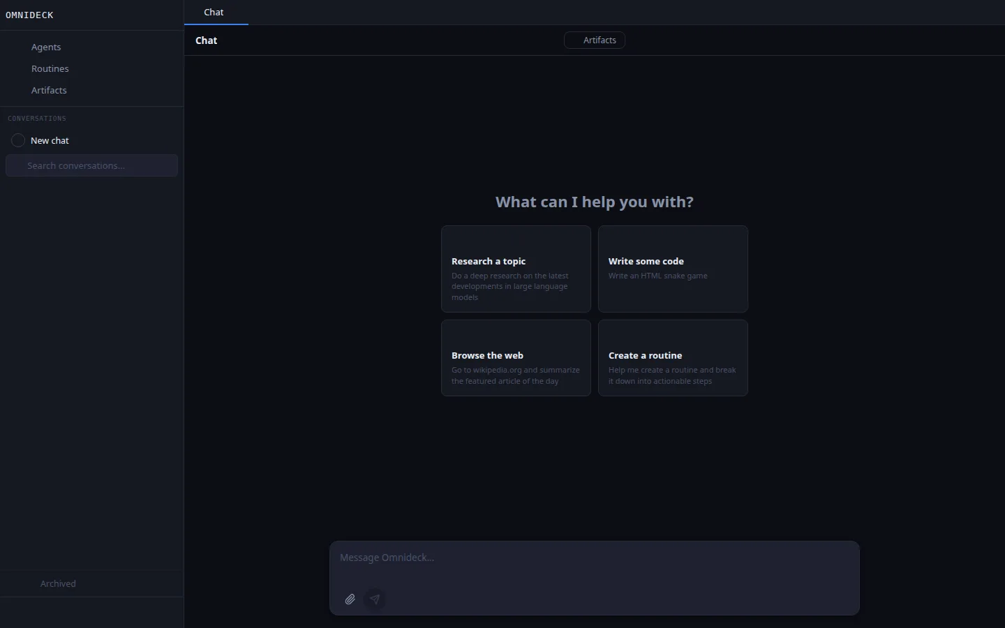 omnideck open to a new local workbench with suggested tasks