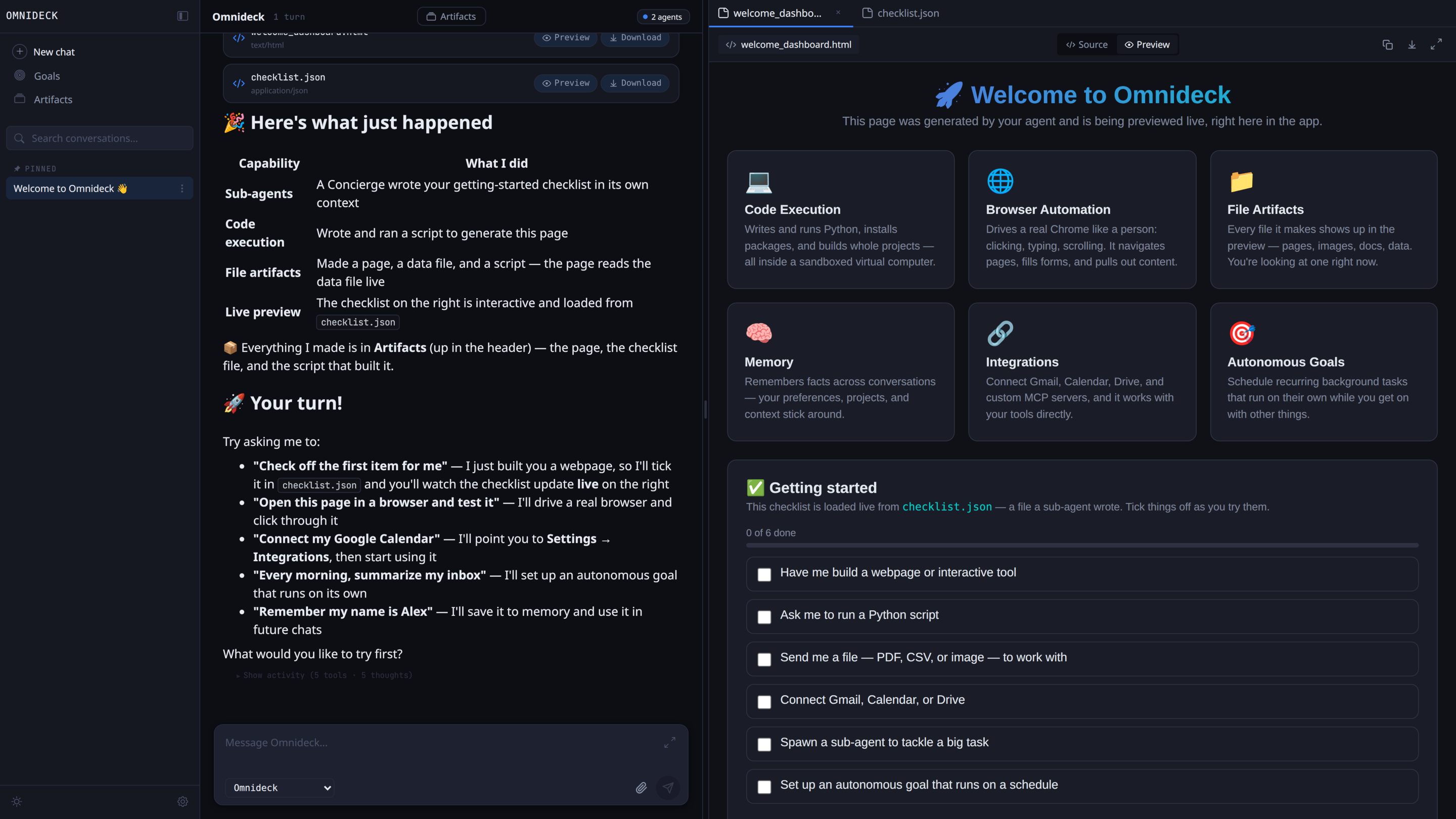 omnideck showing an agent conversation beside a live artifact with code execution, browser automation, files, memory, integrations, and scheduled routines