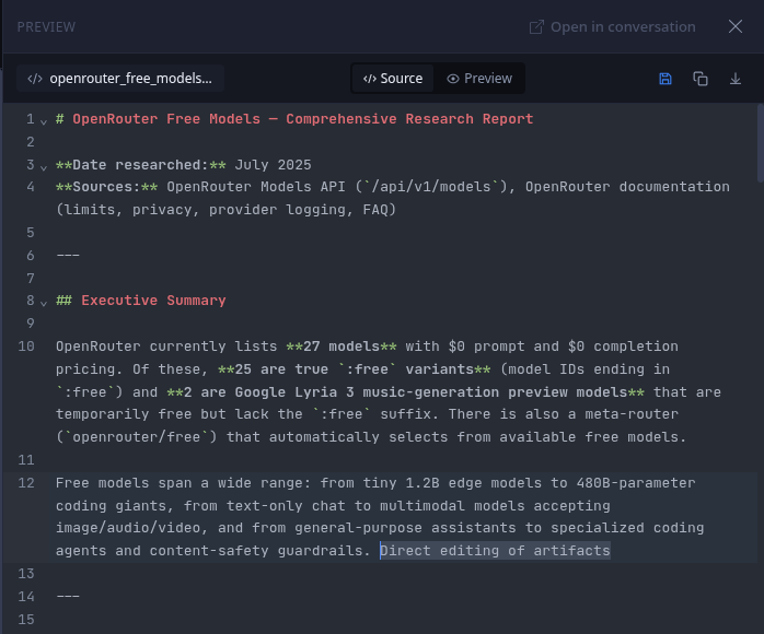 Inline artifact editing