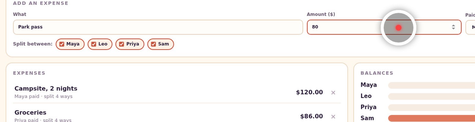 The agent's browser filling in the expense form: Park pass, $80.
