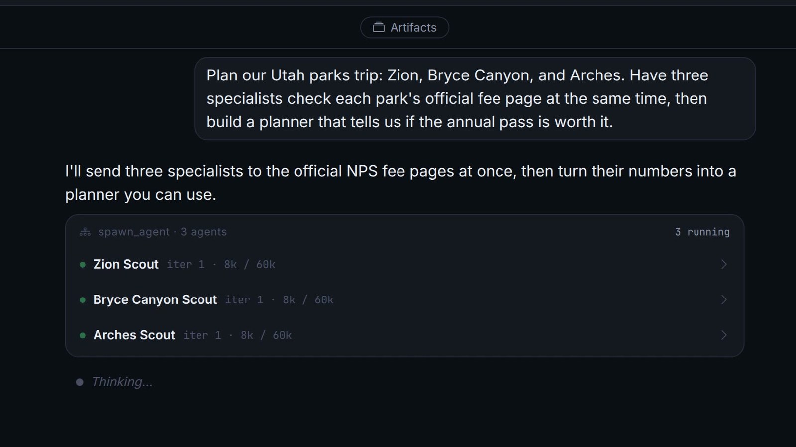 The omnideck chat showing three specialist agents, Zion Scout, Bryce Canyon Scout, and Arches Scout, running at the same time.