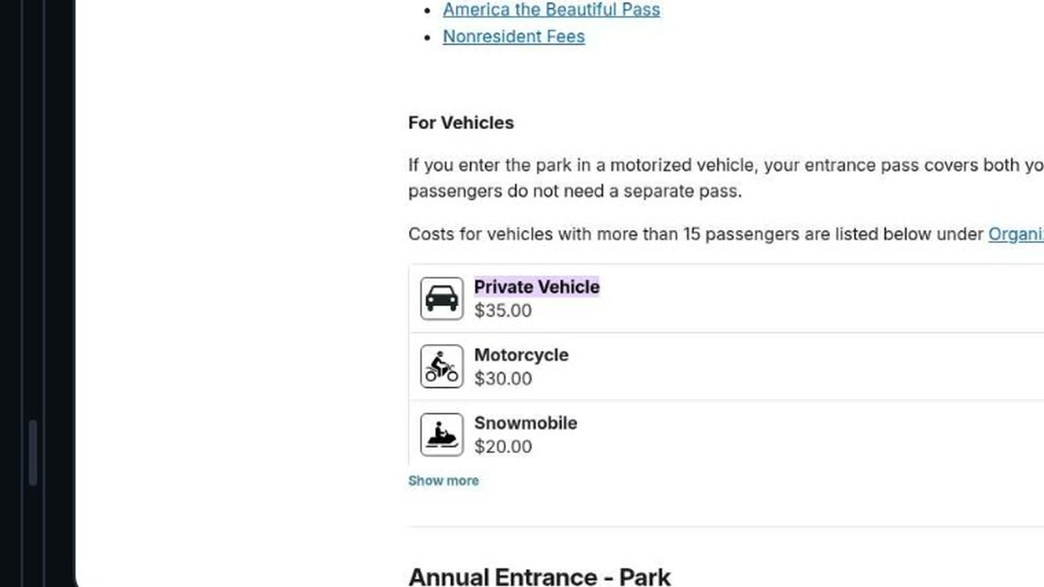 The Zion National Park fees page on nps.gov, open in the Zion scout's browser, with the Private Vehicle $35.00 entry highlighted.