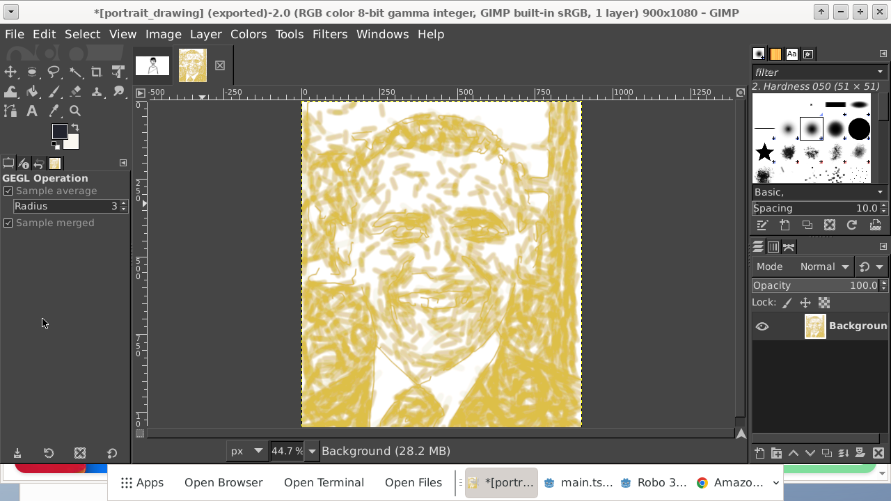 The experimental Linux desktop running GIMP with a portrait open, tool panels, and a labeled application panel.