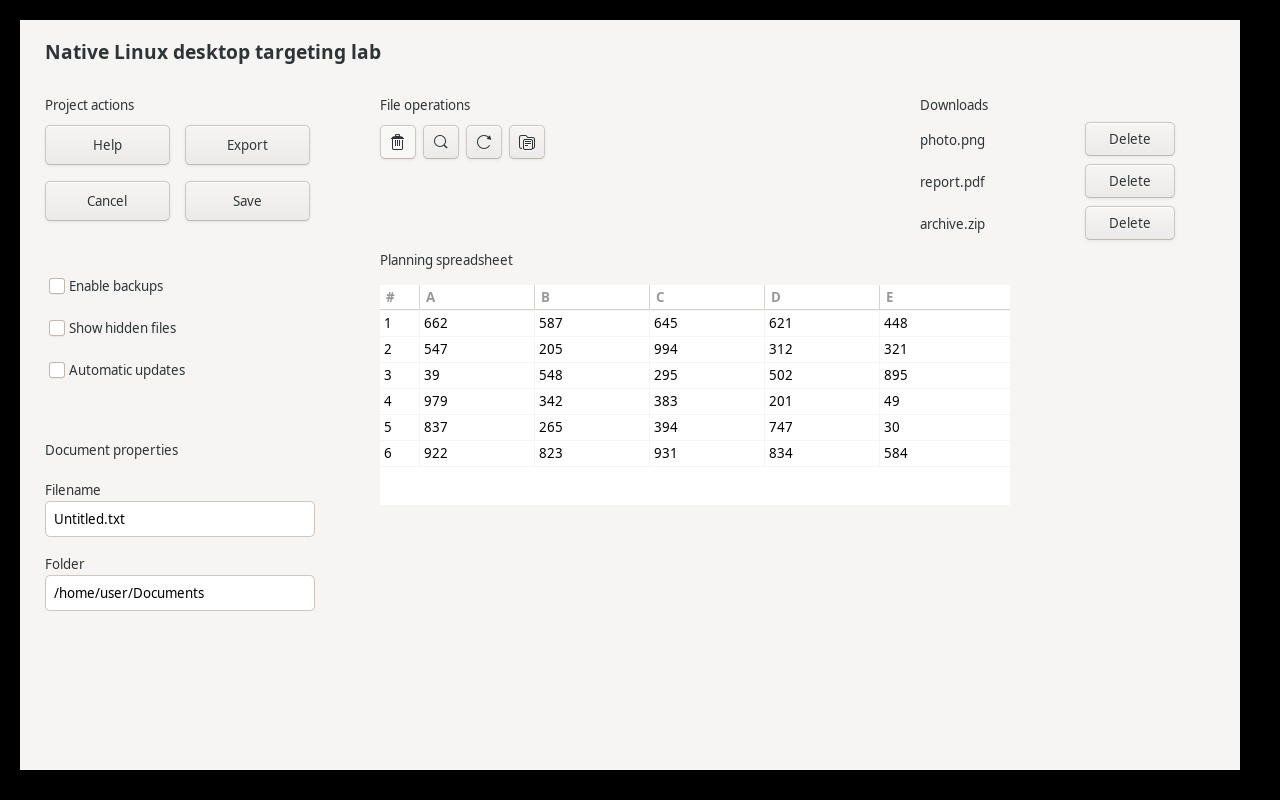 Native GTK targeting fixture with file rows, duplicate Delete buttons, small icons, fields, checkboxes, and a spreadsheet.